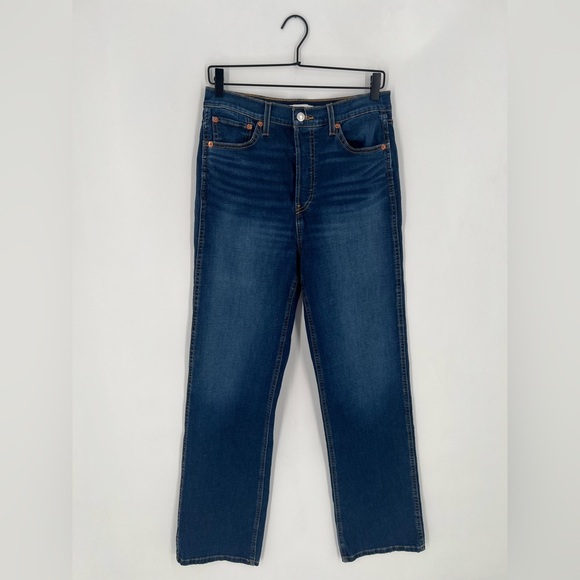 Re/done 90s High Rise Loose Relaxed Straight Leg Jeans In Deep Faded Blue - Picture 2 of 7